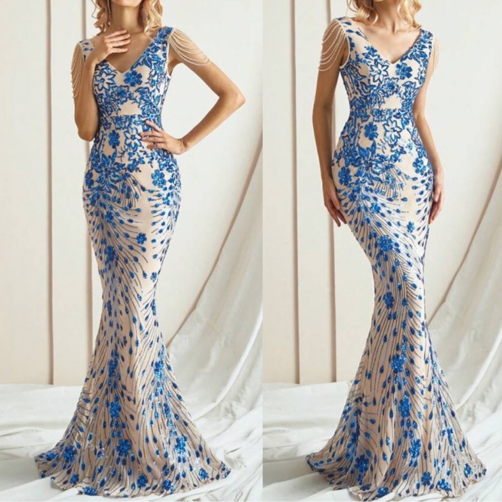 Elegant Blue Floral Evening Gown